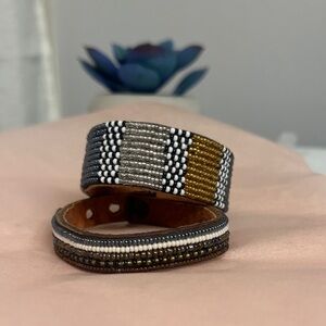 Handmade Beaded Leather Cuff Bracelet - Black, White, Gold, Gray